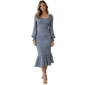 PrettyGarden Blue Floral‎ Smocked Midi Dress Women's Medium